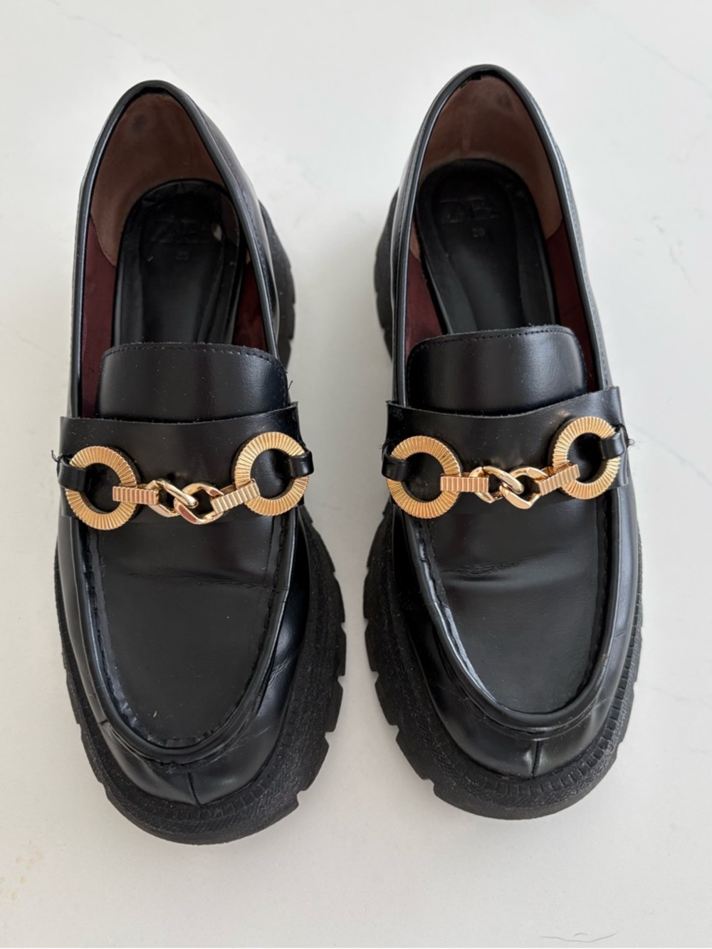 ZARA Chunky Black Loafers Gold Hardware Size 39 (8.5 US) Quiet Luxury Academia